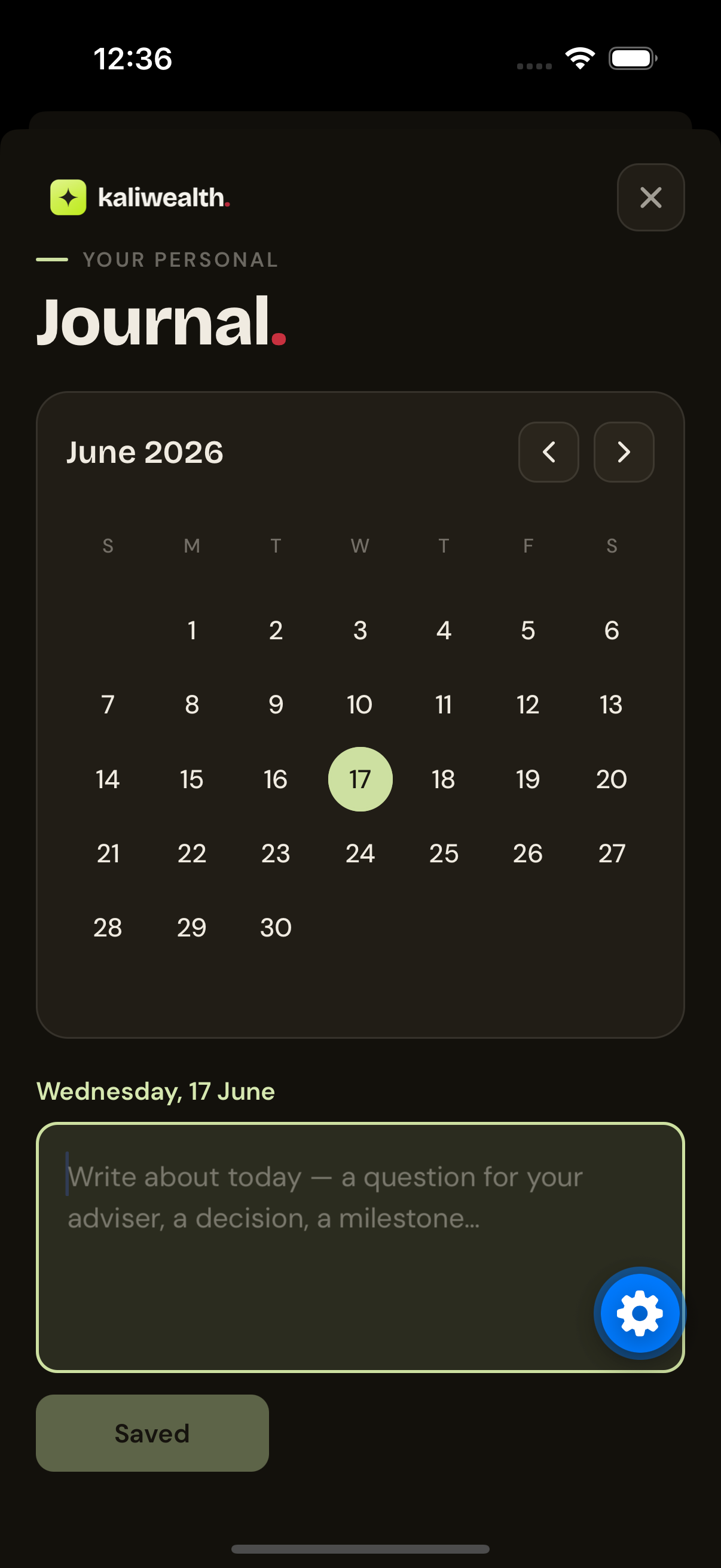 KaliWealth app — personal investing journal