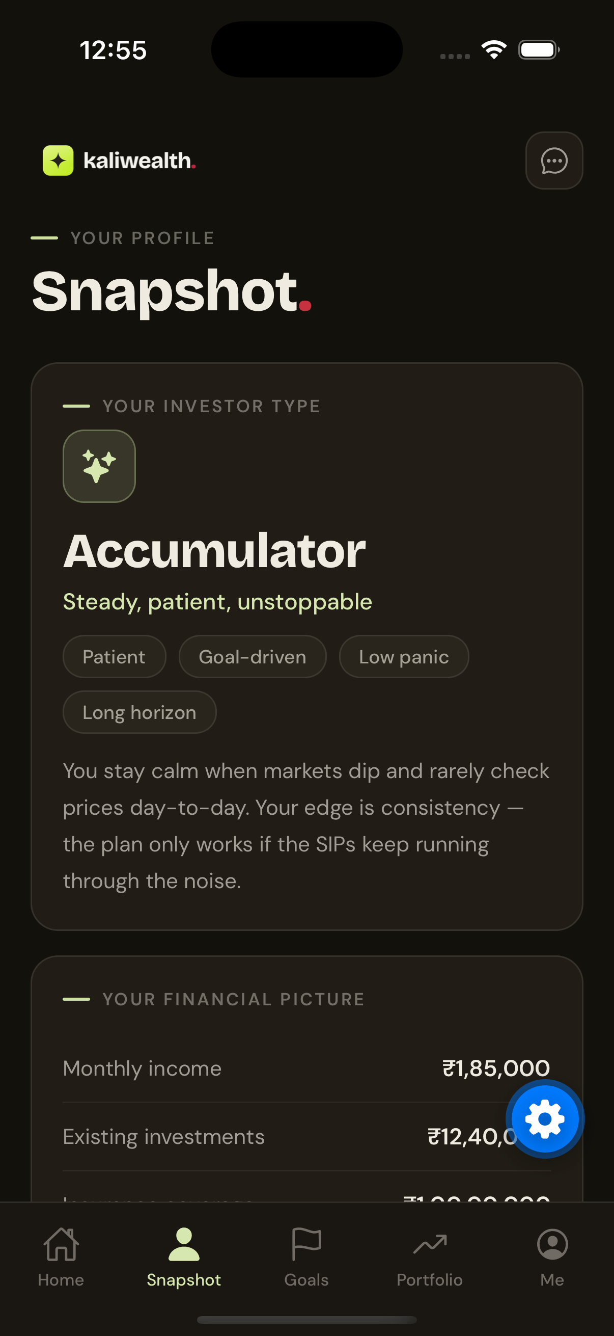 KaliWealth app — investor snapshot showing Accumulator profile